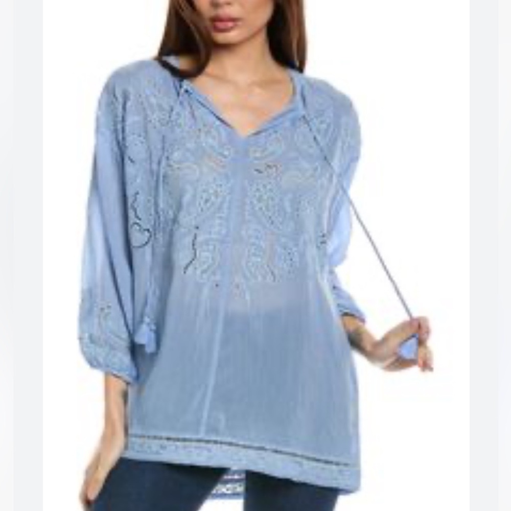 Johnny Was light blue embroidered tunic blouse top, size S